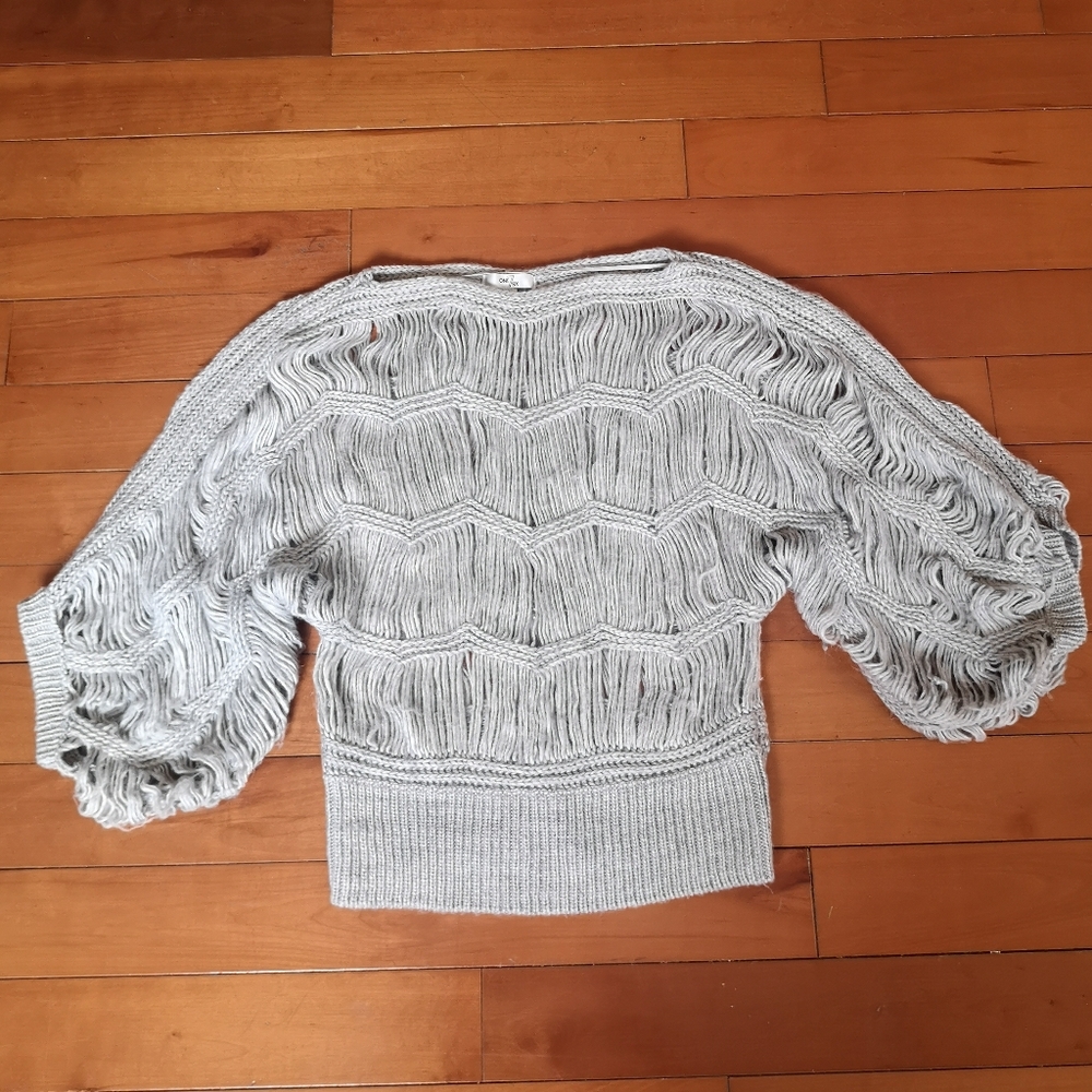 Light Grey Knotted Hollow Out Ripped Women's Sweater Lantern Sleeve, Size L